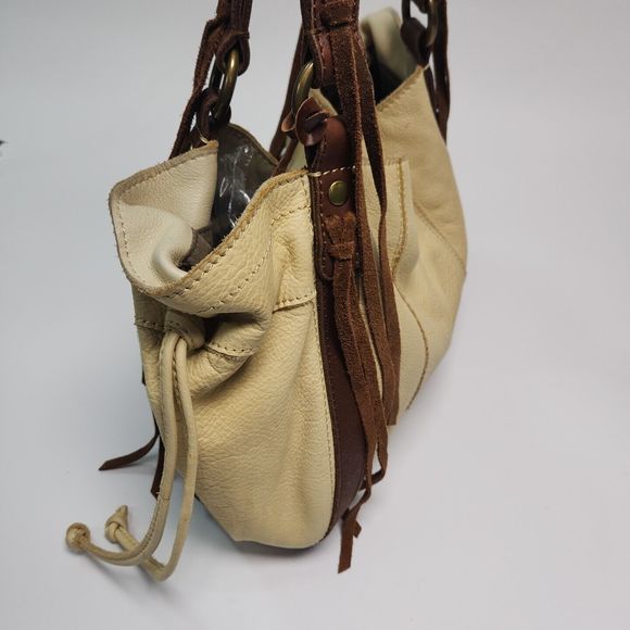 Lucky Brand Leather Purse Double Handle Brown Yellow Tote Hobo Boho Shoulder Bag - Picture 4 of 16